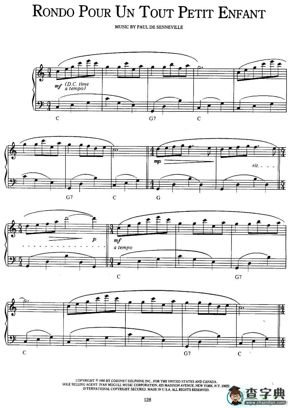 【Rondo Pour Un Tout Petit Enfant钢琴谱】五线谱