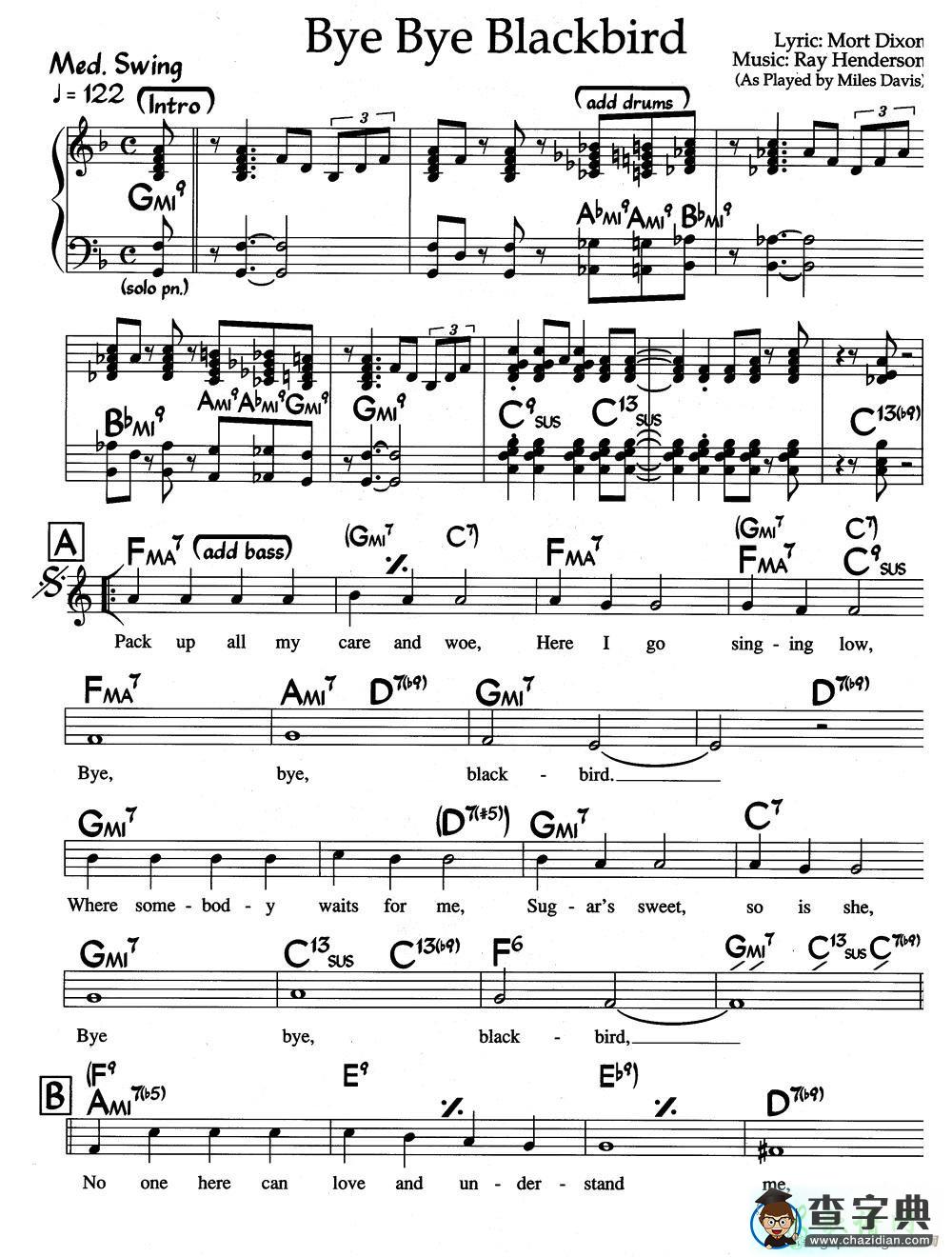 【Bye Bye Blackbird钢琴谱】五线谱