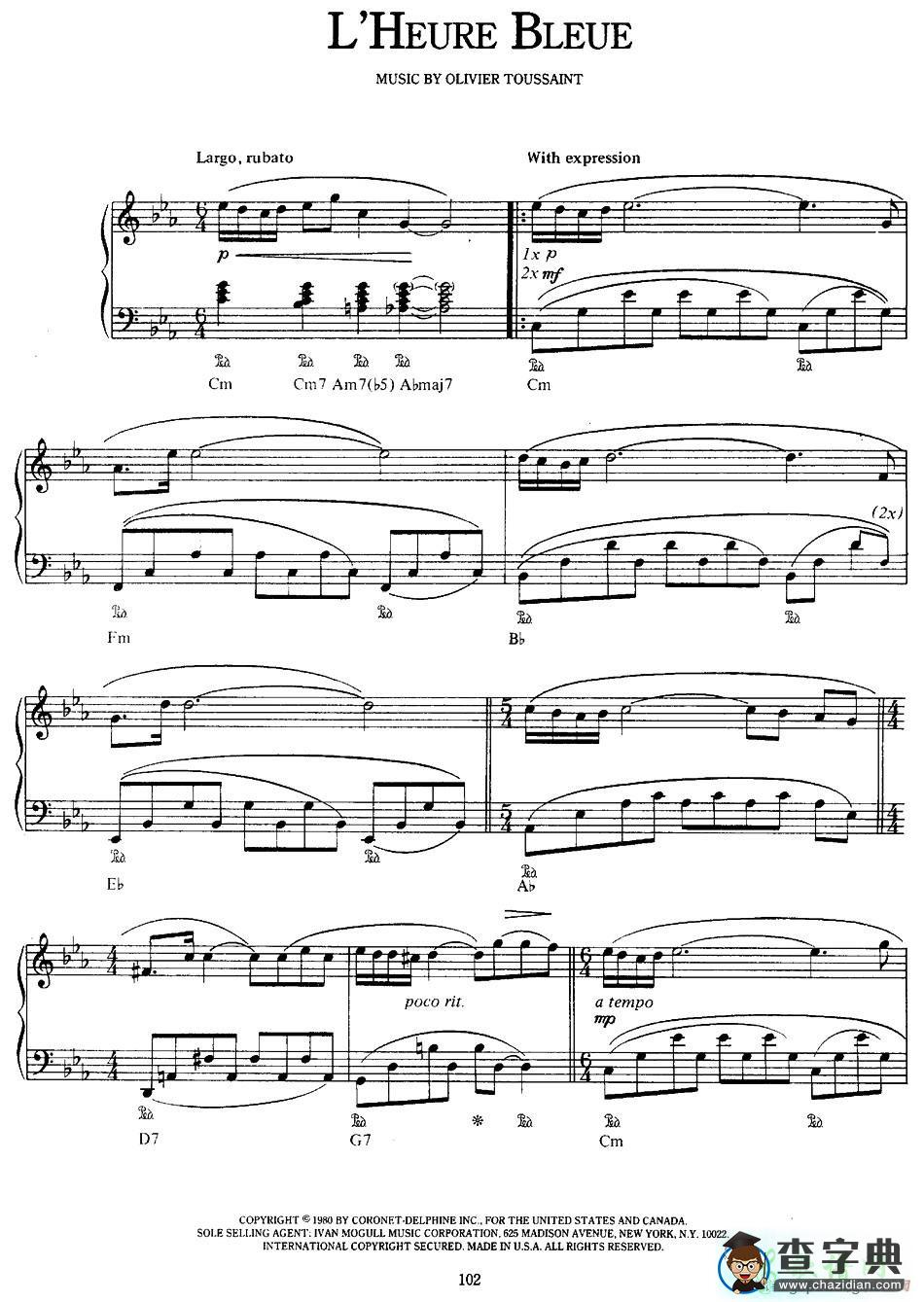 【LHeure Bleue钢琴谱】五线谱