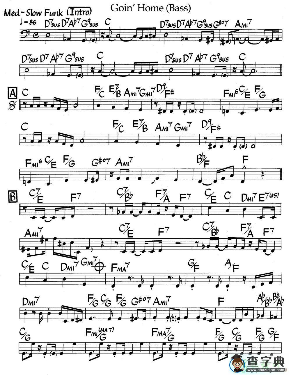 【Goin Home(Bass)钢琴谱】五线谱