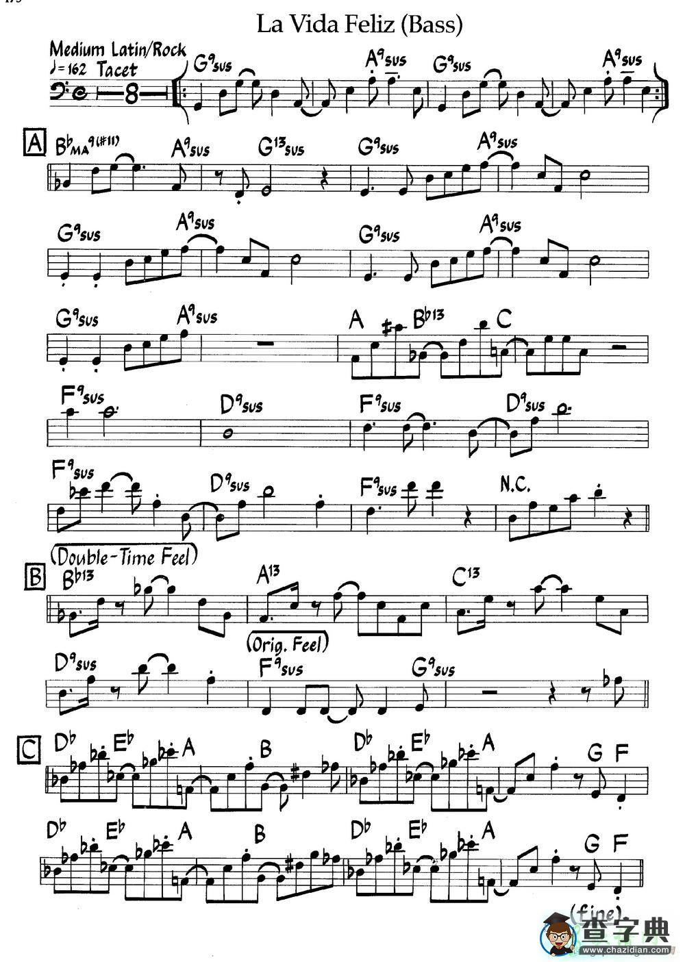 【La Vida Feliz (Bass)钢琴谱】五线谱