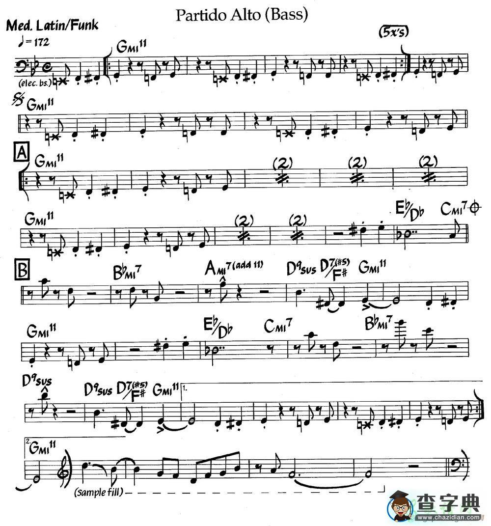 【Partido Alto (Bass)钢琴谱】五线谱