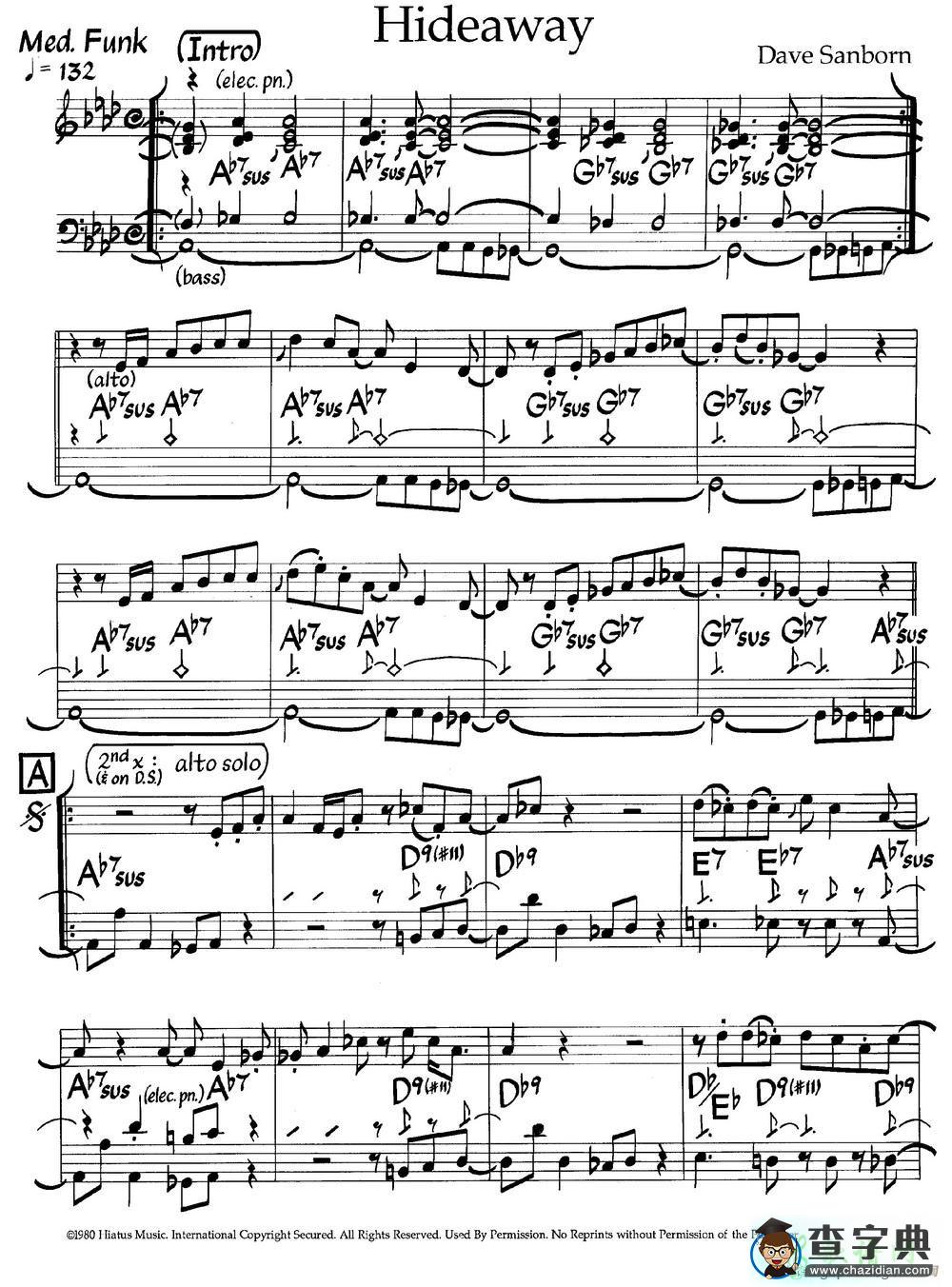 【Hideaway钢琴谱】五线谱