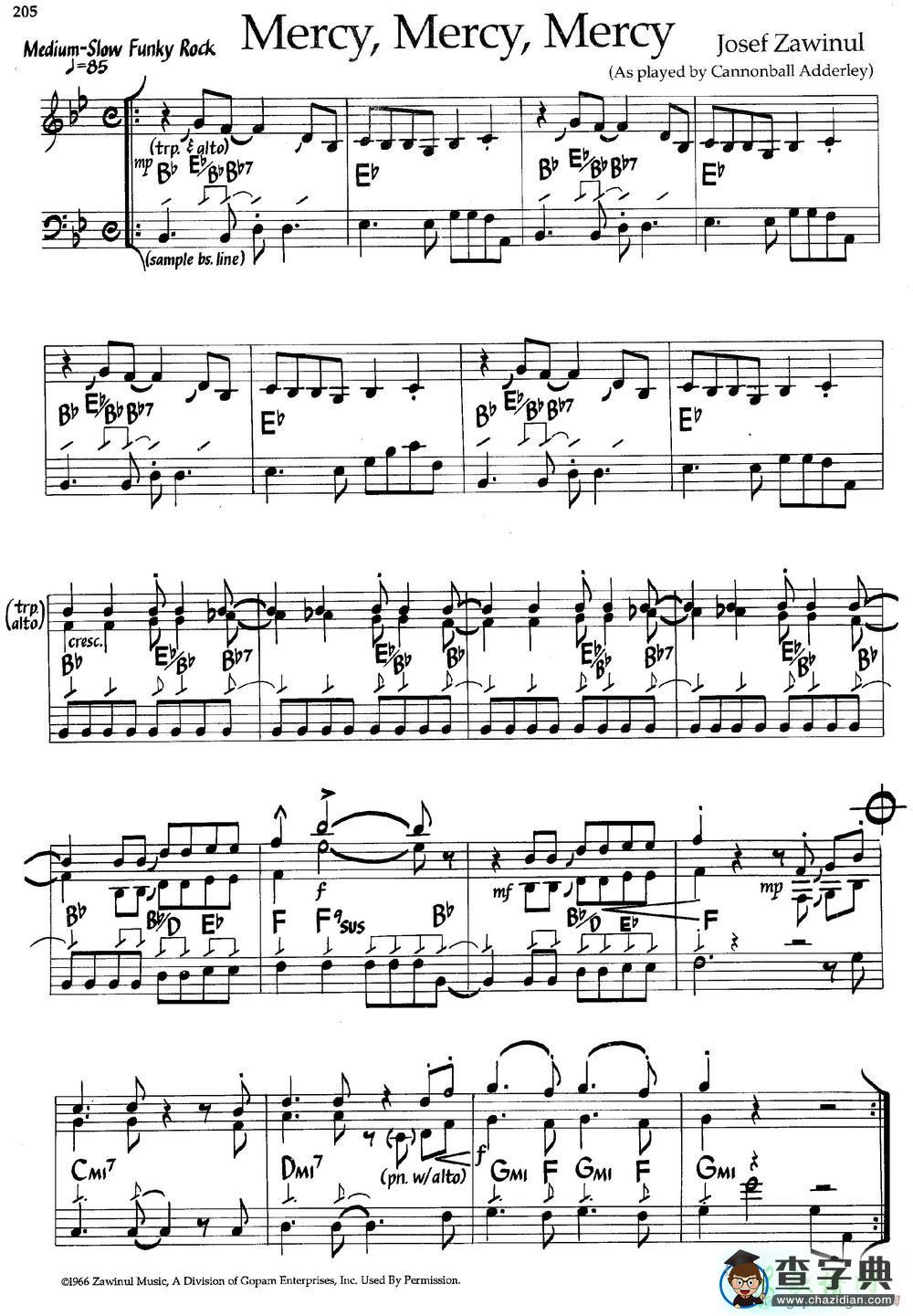 【Mercy, Mercy, Mercy钢琴谱】五线谱