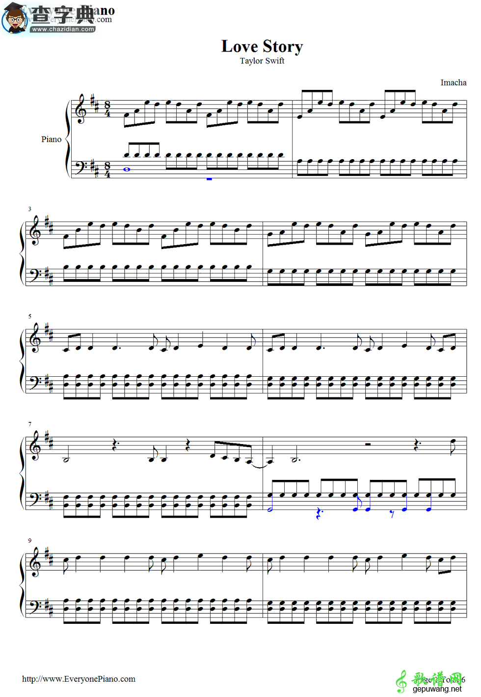 【Love Story钢琴谱】Taylor Swift爱的故事钢琴五线谱
