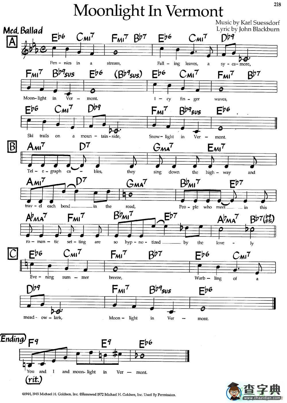 【Moonlight In Vermont钢琴谱】五线谱