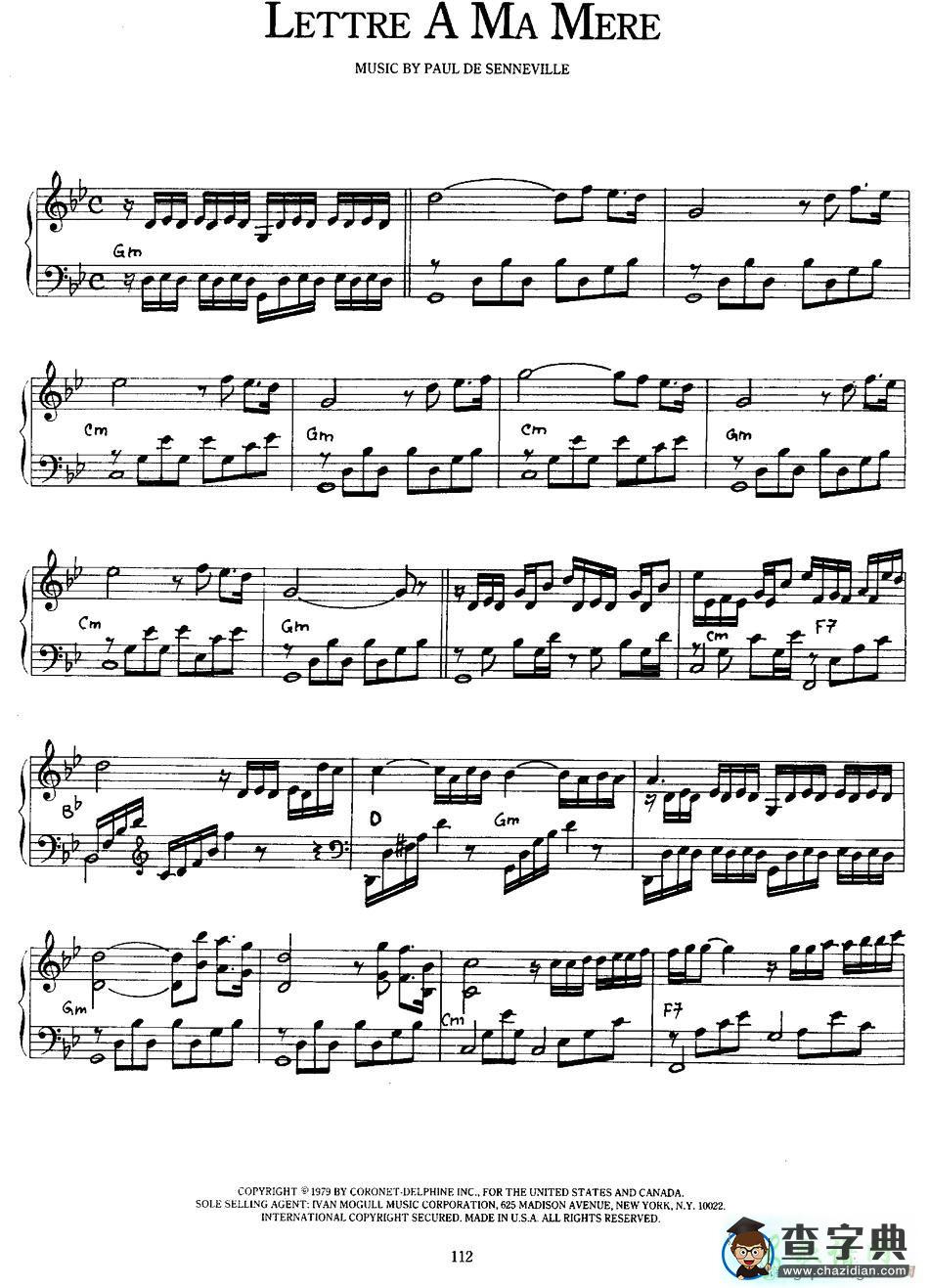 【Lettre A ma mere钢琴谱】五线谱