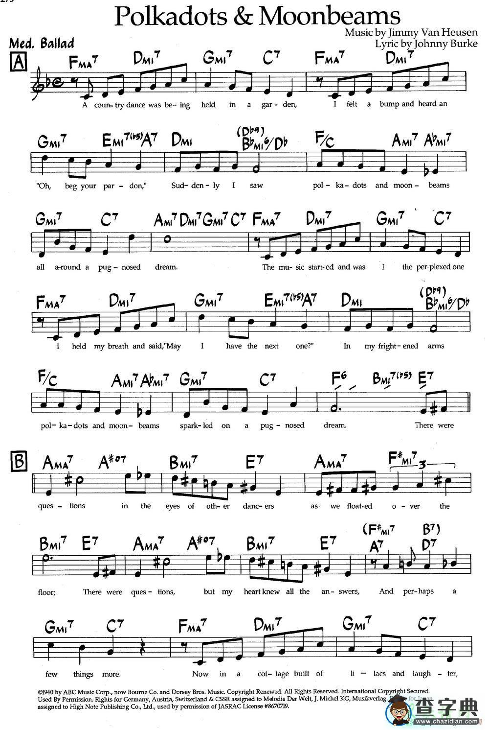 【Polkadots & Moonbeams钢琴谱】五线谱
