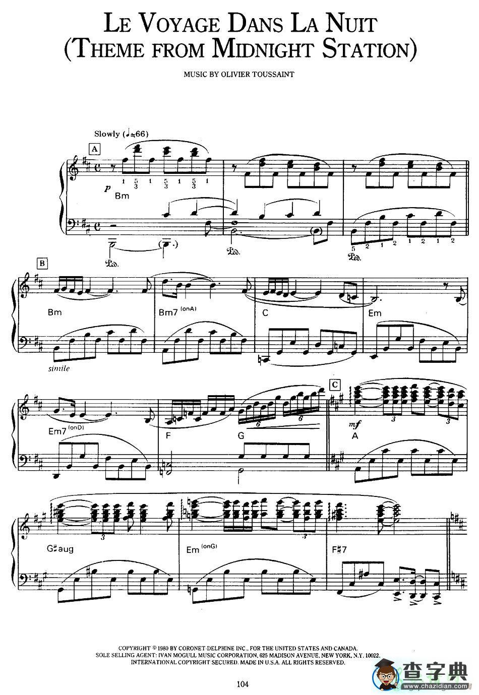【Le voyage dans la nuit (Theme from Midnight station)钢琴