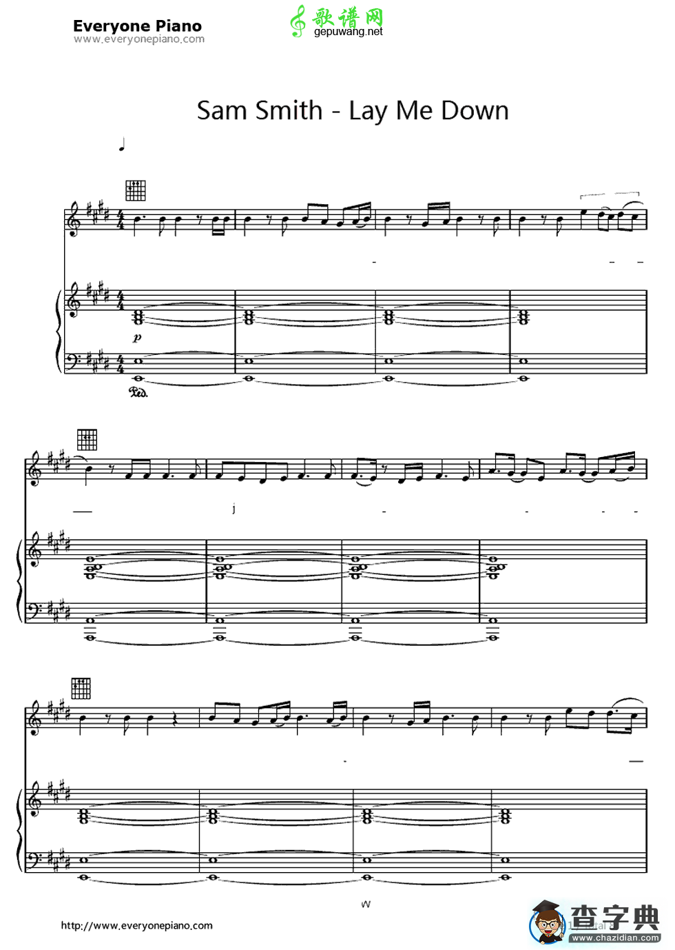 【Lay Me Down钢琴谱】五线谱