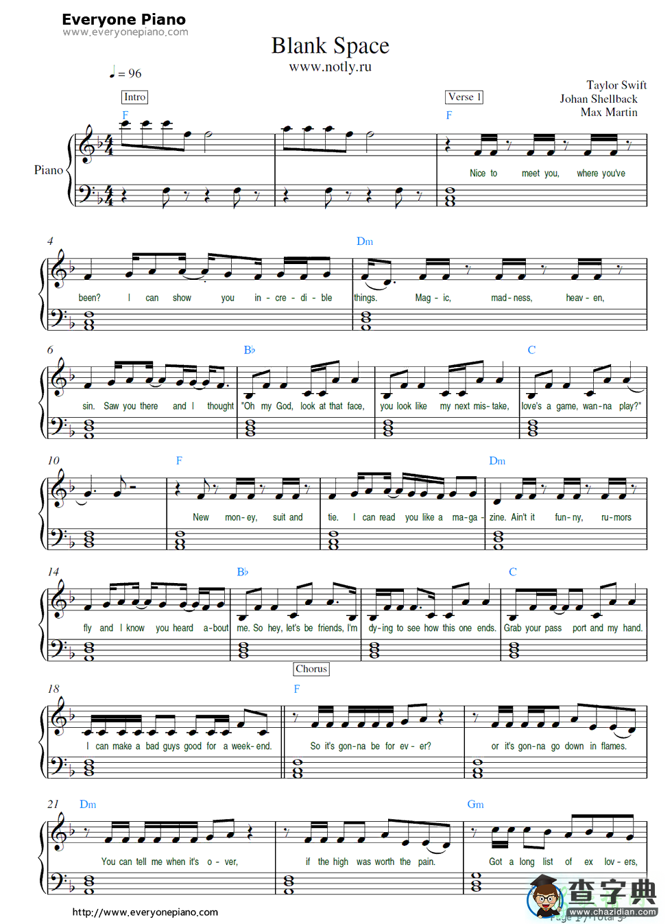 【Blank Space钢琴谱】Taylor Swift