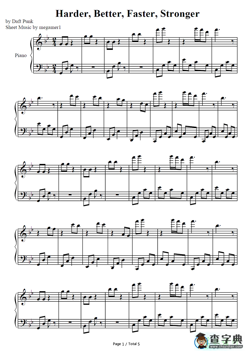 【Harder, Better, Faster, Stronger钢琴谱】五线谱