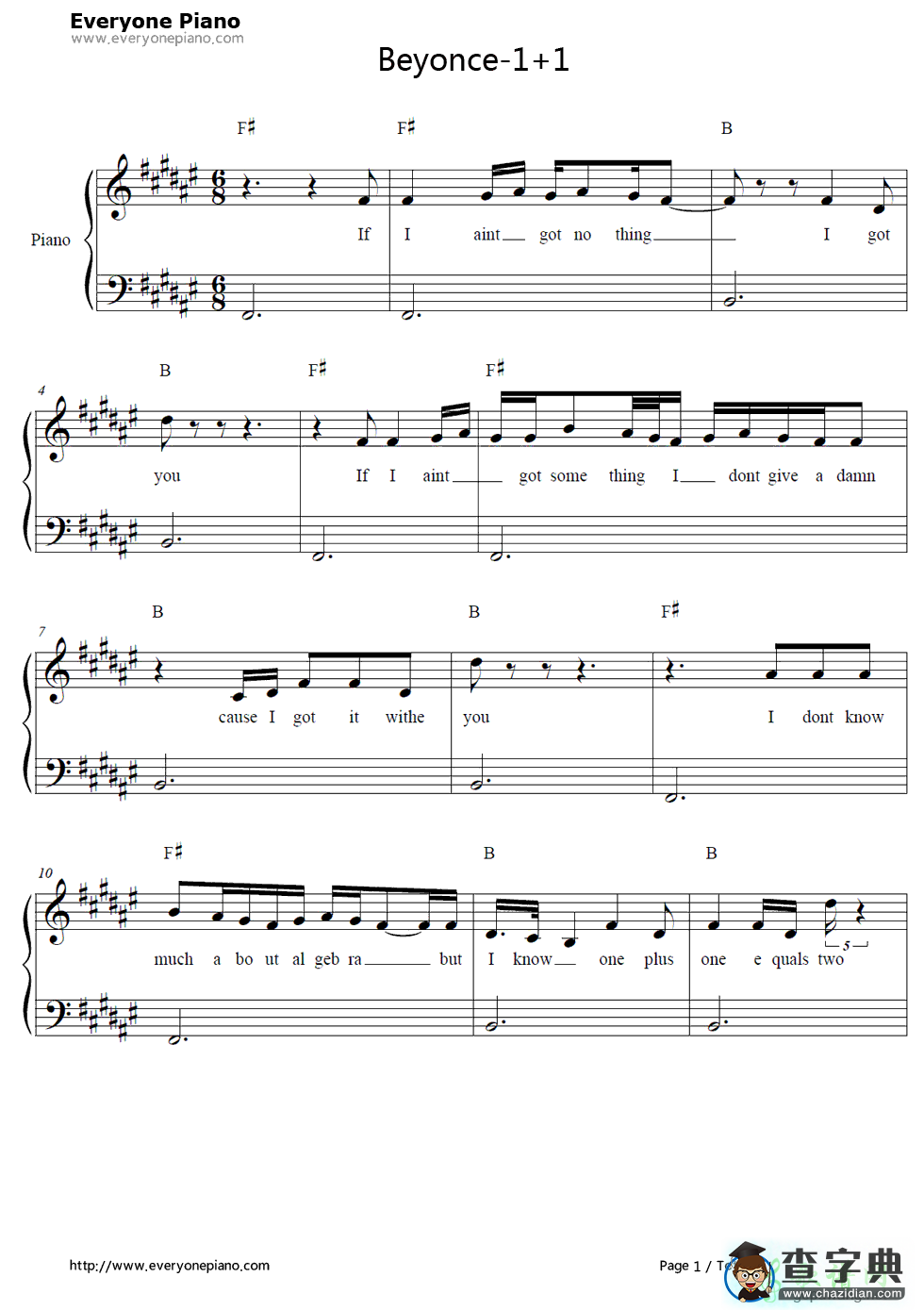 【1+1钢琴谱】Beyonce