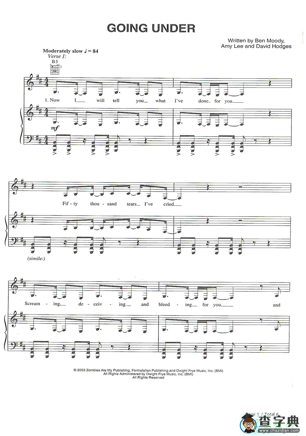 【Going Under钢琴谱】Evanescence