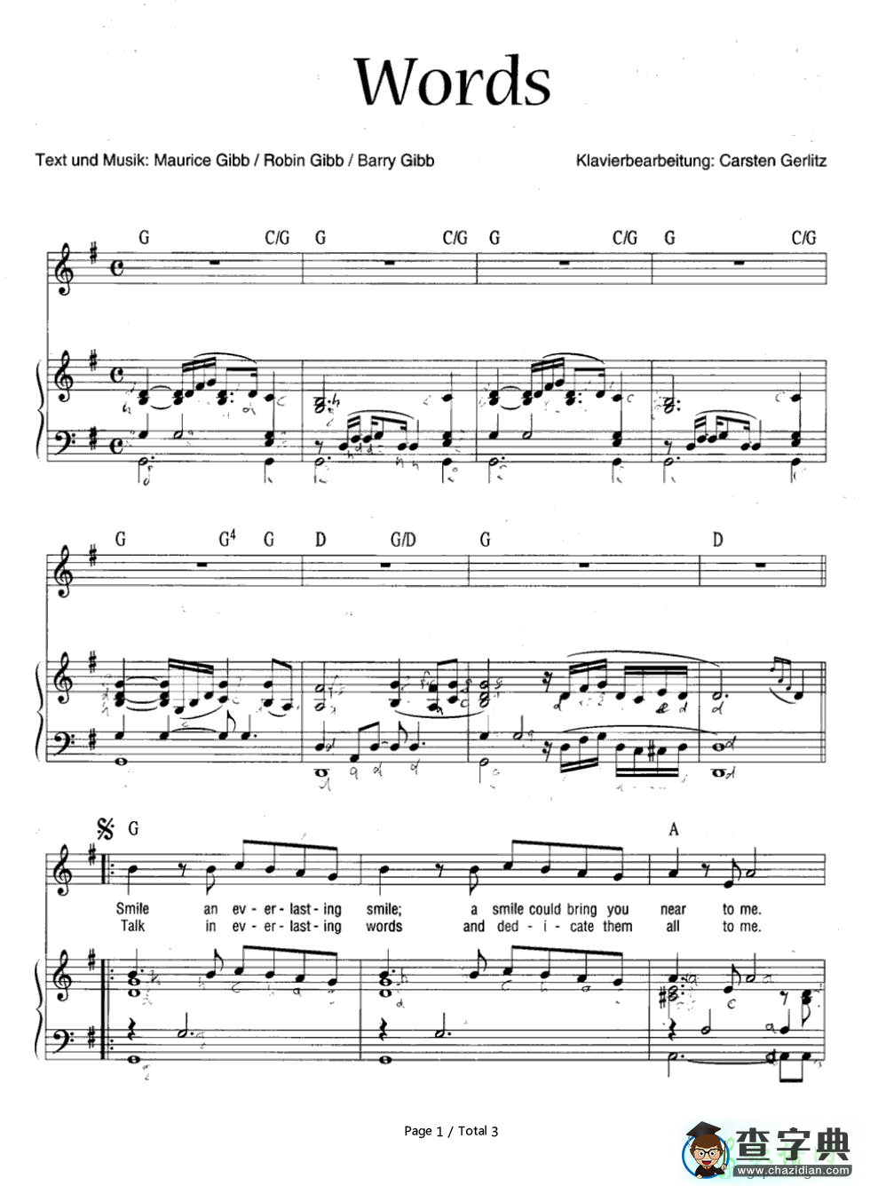 【Words钢琴谱】Bee Gees