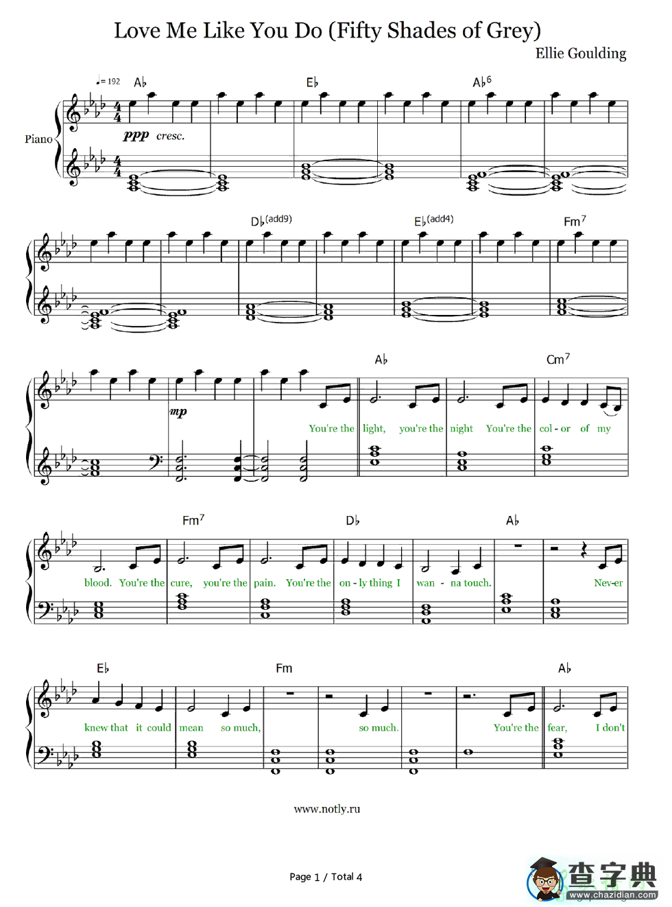【Love Me Like You Do钢琴谱】Ellie Goulding