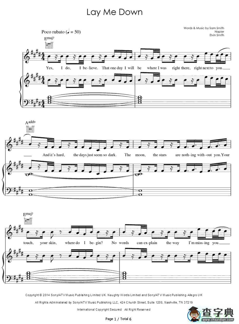 【Lay Me Down钢琴谱】Sam Smith