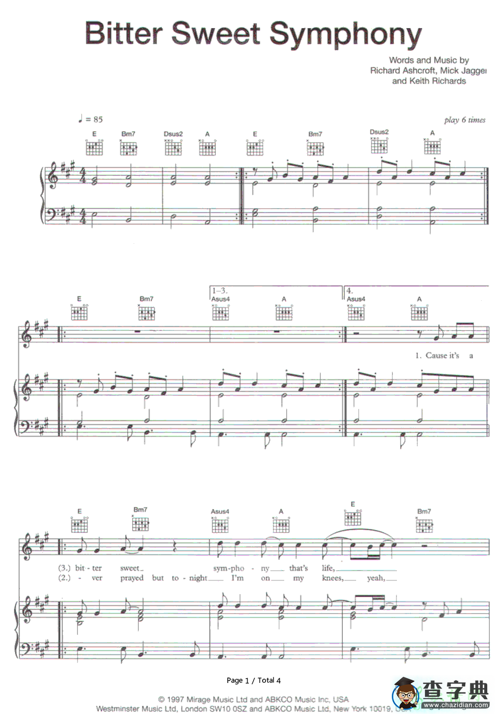 【Bitter Sweet Symphony钢琴谱】The Verve