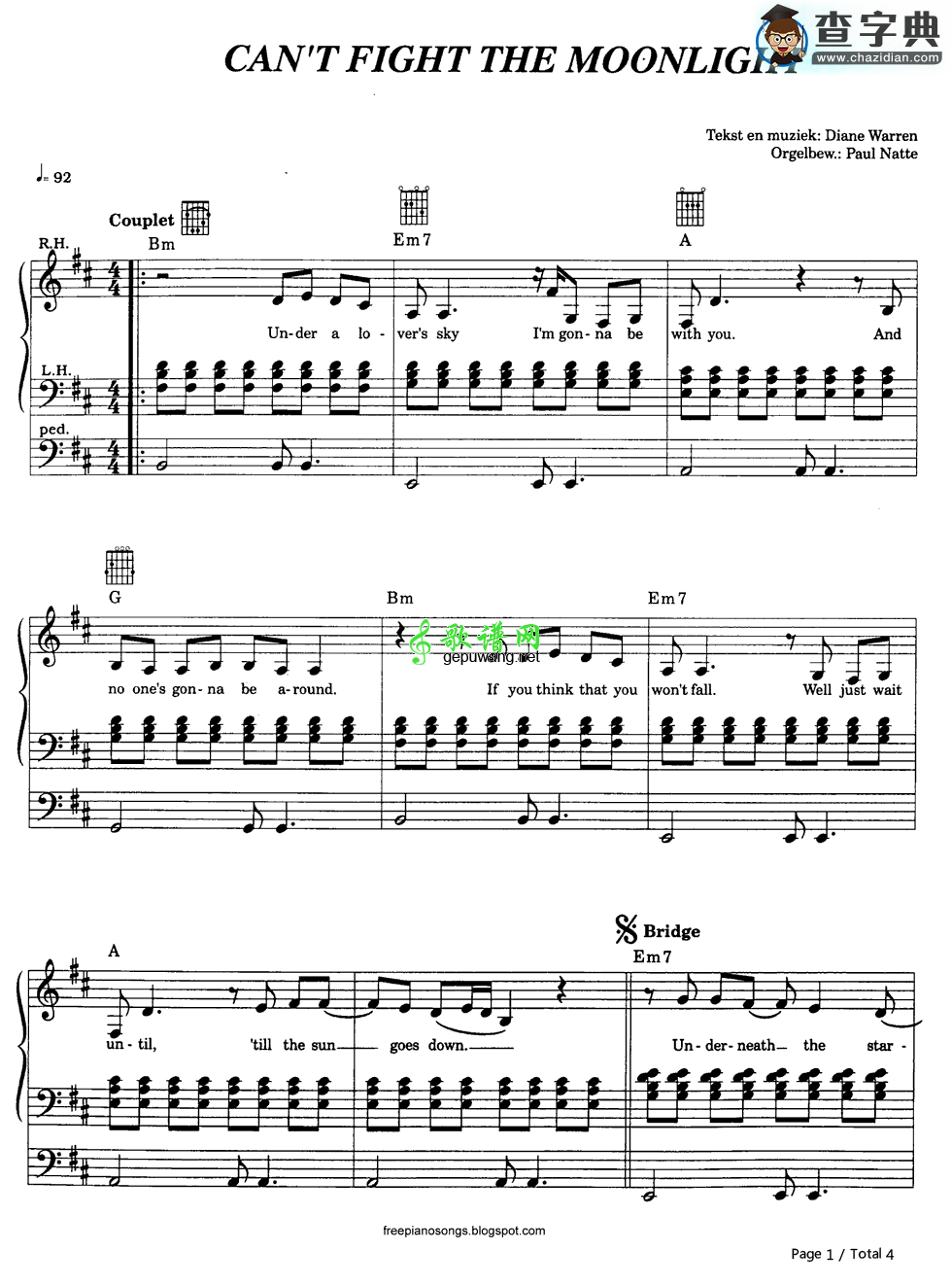 【Cant Fight the Moonlight钢琴谱】五线谱