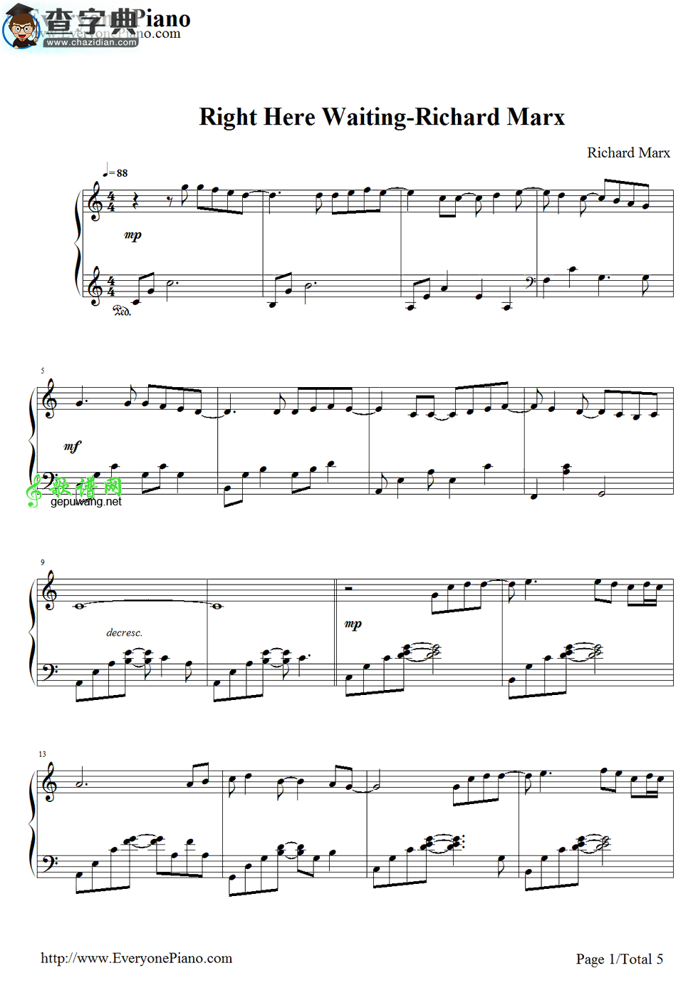 Right Here Waiting钢琴谱_Richard Marx