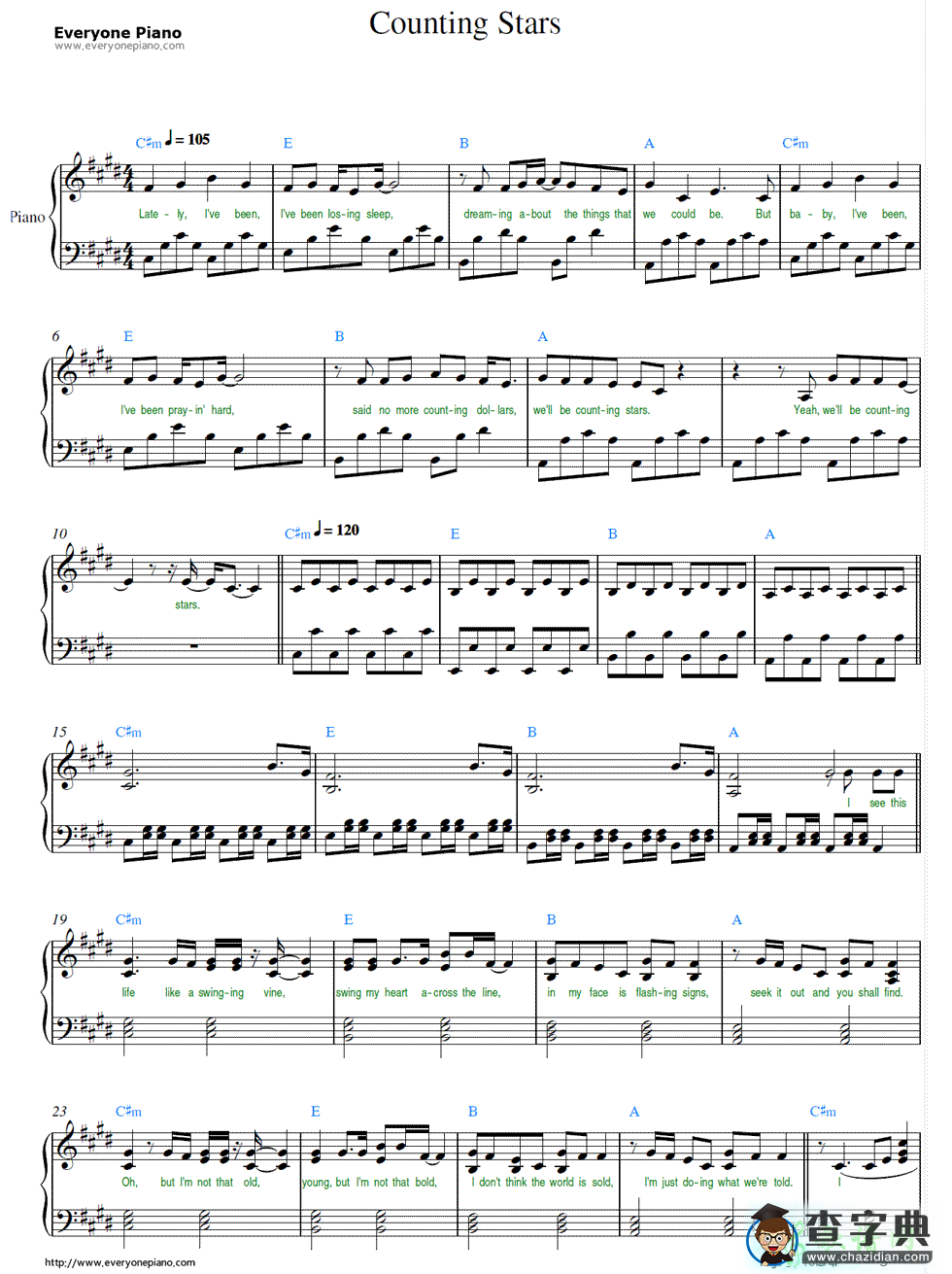 【Counting Stars钢琴谱】OneRepublic