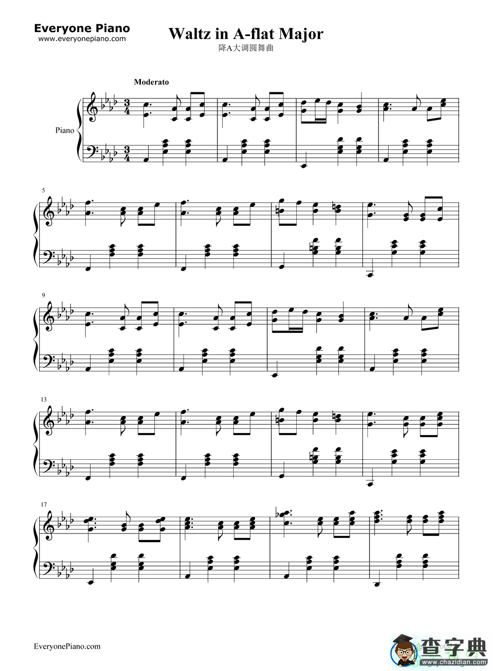 【降A大调圆舞曲钢琴谱】降A大调圆舞曲钢琴简谱五线谱