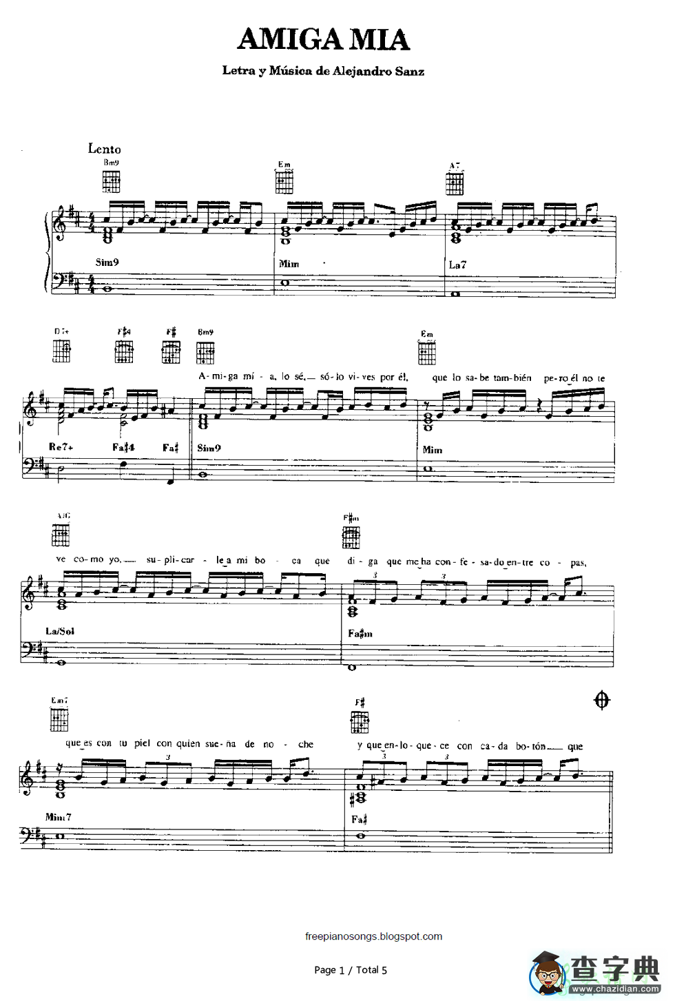 【Amiga Mia钢琴谱】Alejandro Sanz