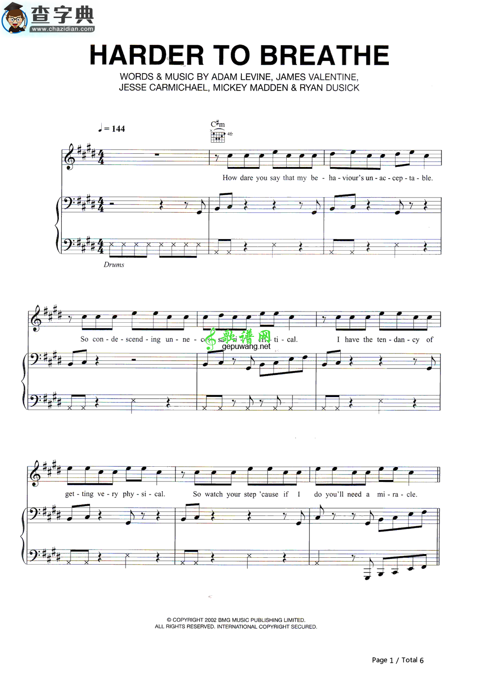 【Harder to Breathe钢琴谱】Maroon 5
