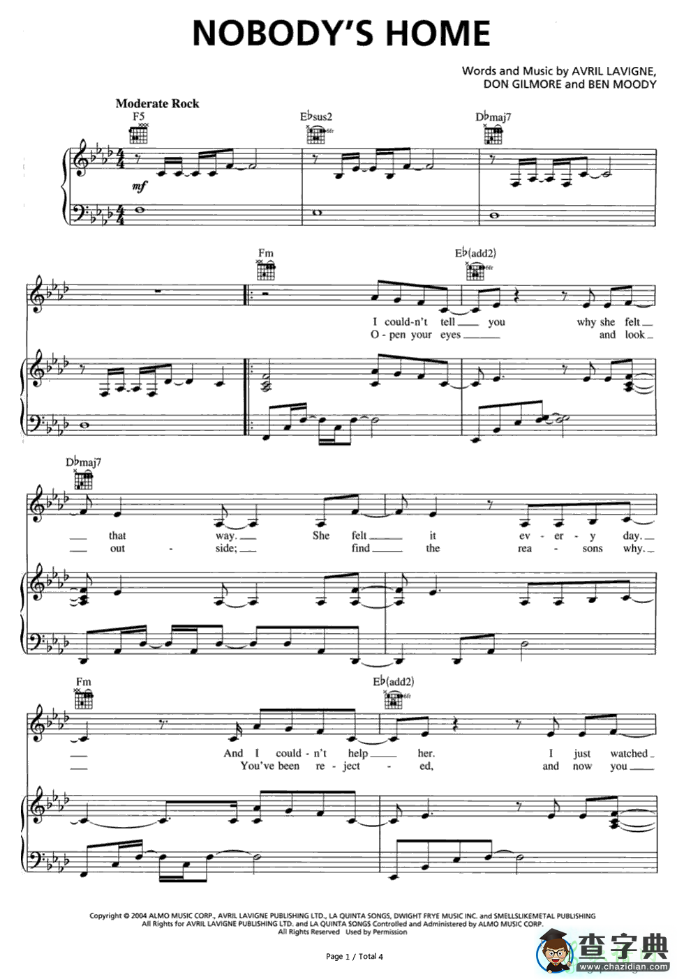【Nobodys Home钢琴谱】Avril Lavigne