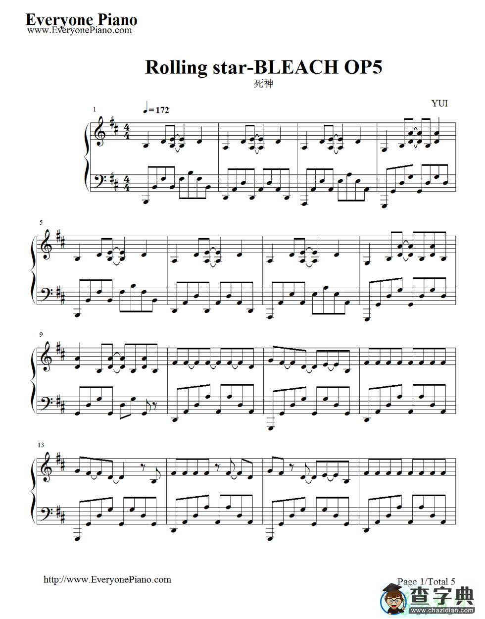 【Rolling Star钢琴谱】五线谱