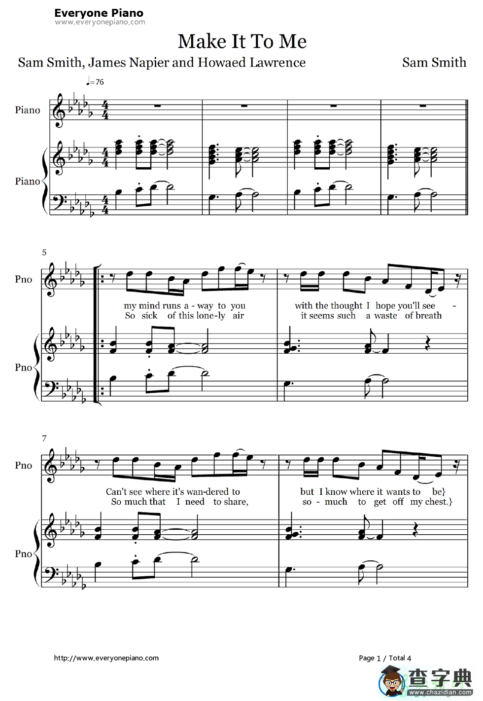 【Make It To Me钢琴谱】Sam Smith