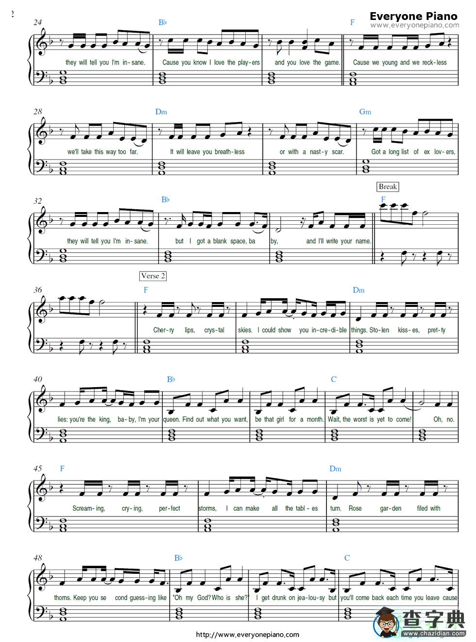 【Blank Space钢琴谱】Taylor Swift