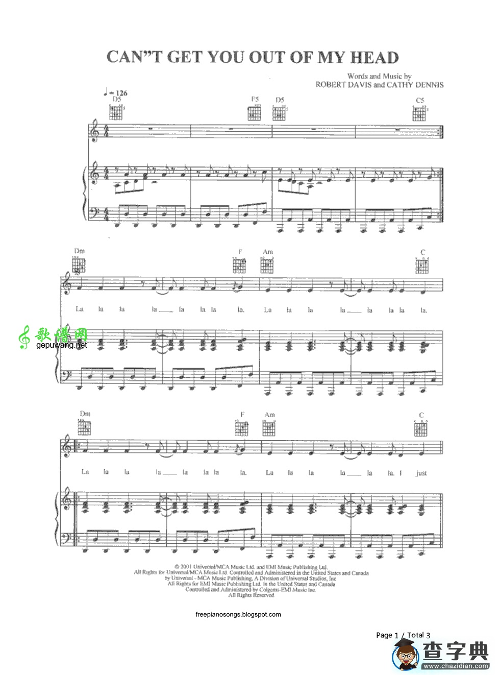 【Cant Get You Out of My Head钢琴谱】五线谱