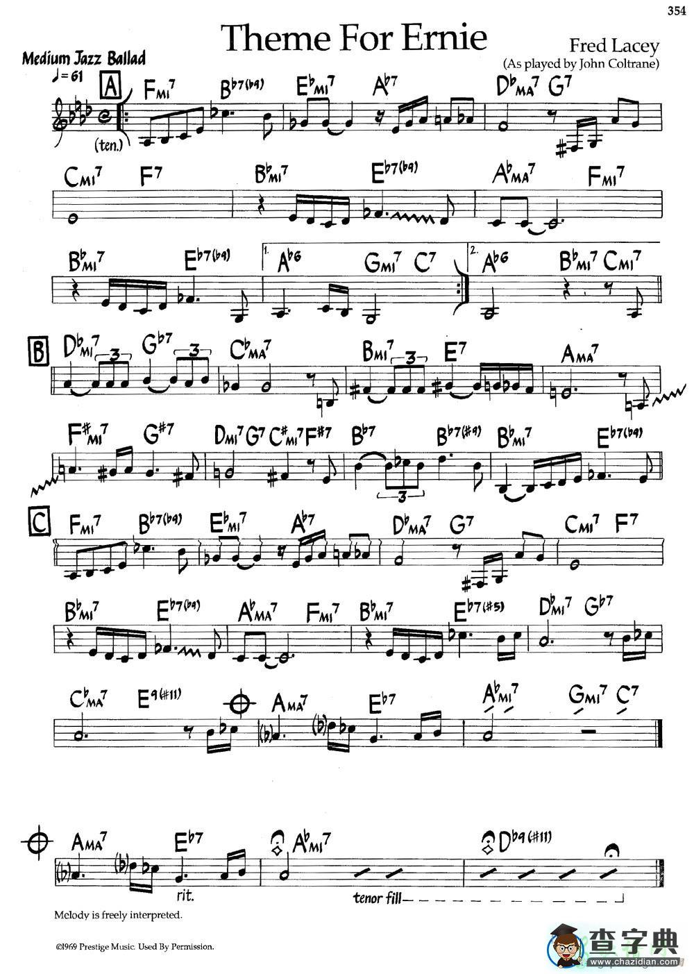 【Theme For Ernie钢琴谱】五线谱