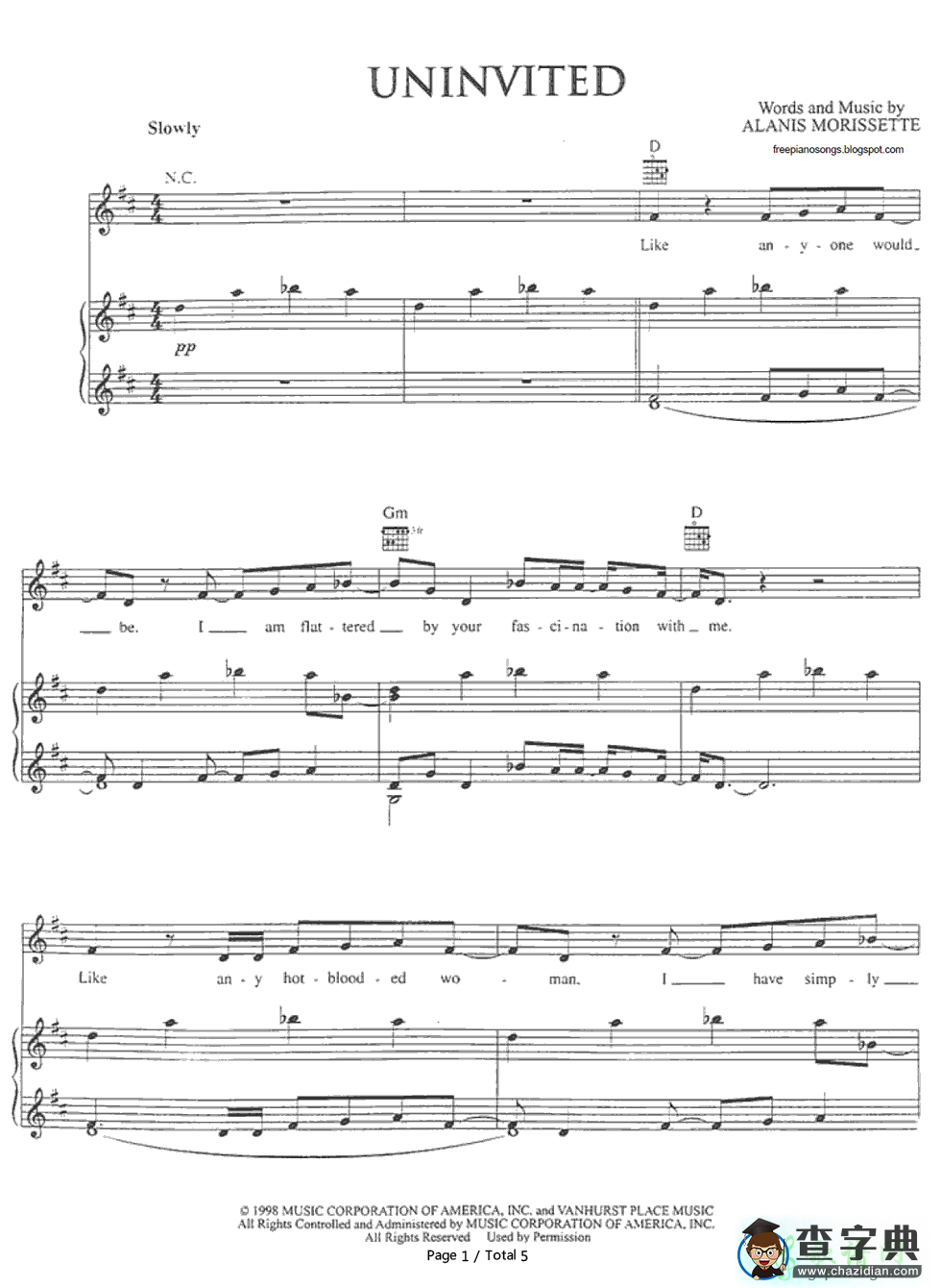 【Uninvited钢琴谱】Alanis Morissette