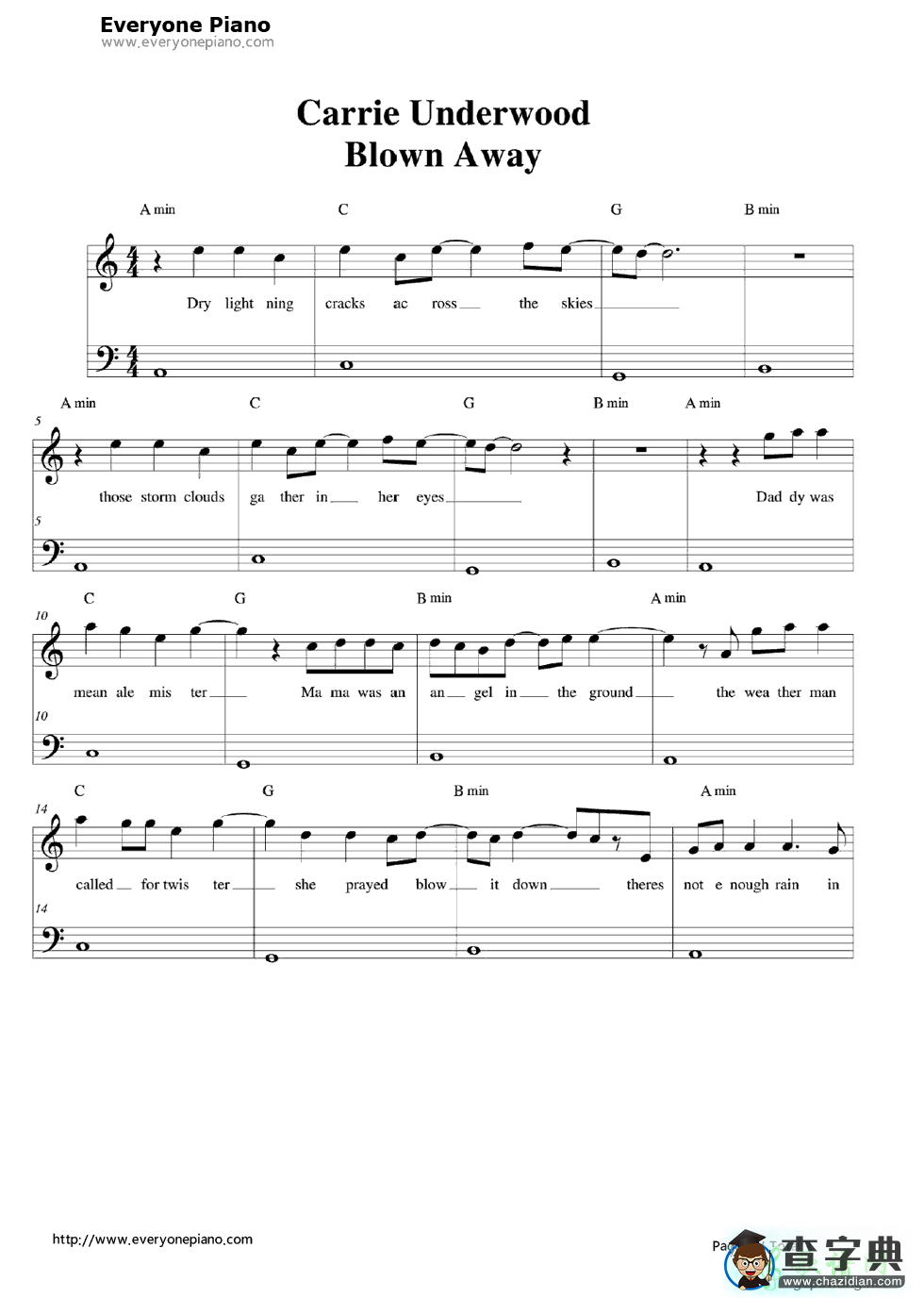 【Blown Away钢琴谱】Carrie Underwood