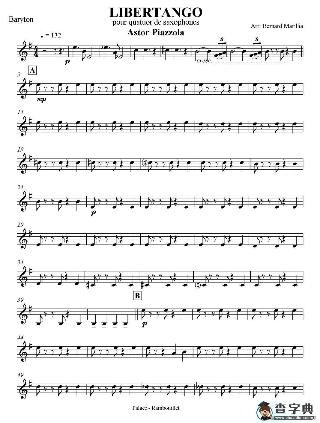 LIBERTANGO（探戈灵魂）（四重奏之上低音萨克斯分谱）萨克斯谱