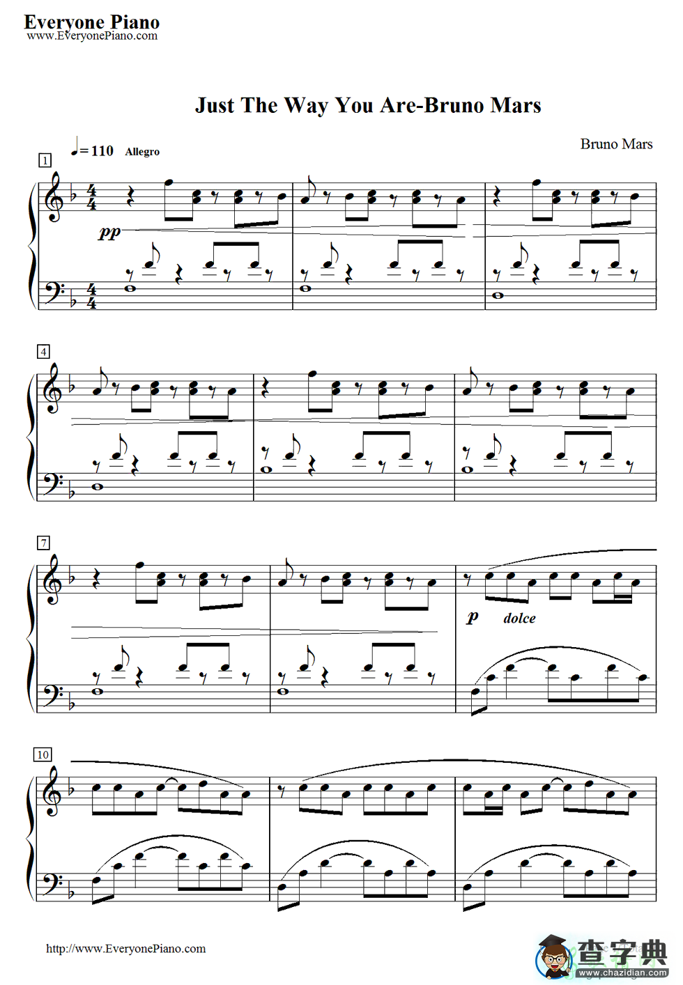 【Just the Way You Are钢琴谱】Bruno Mars