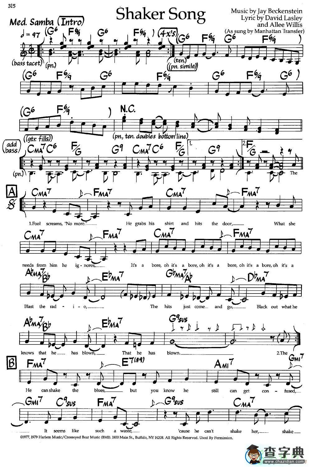【Shaker Song钢琴谱】五线谱