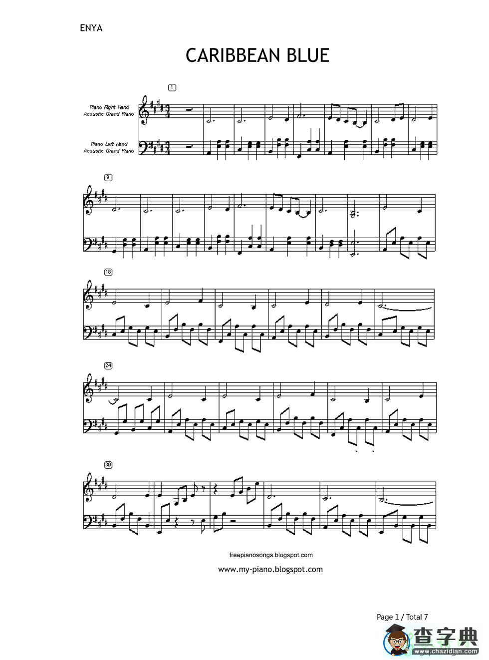 【Caribbean Blue钢琴谱】Enya