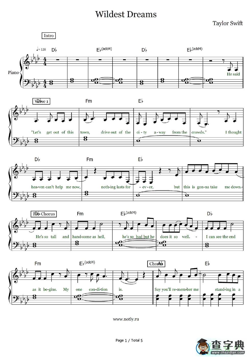 【Wildest Dreams钢琴谱】Taylor Swift