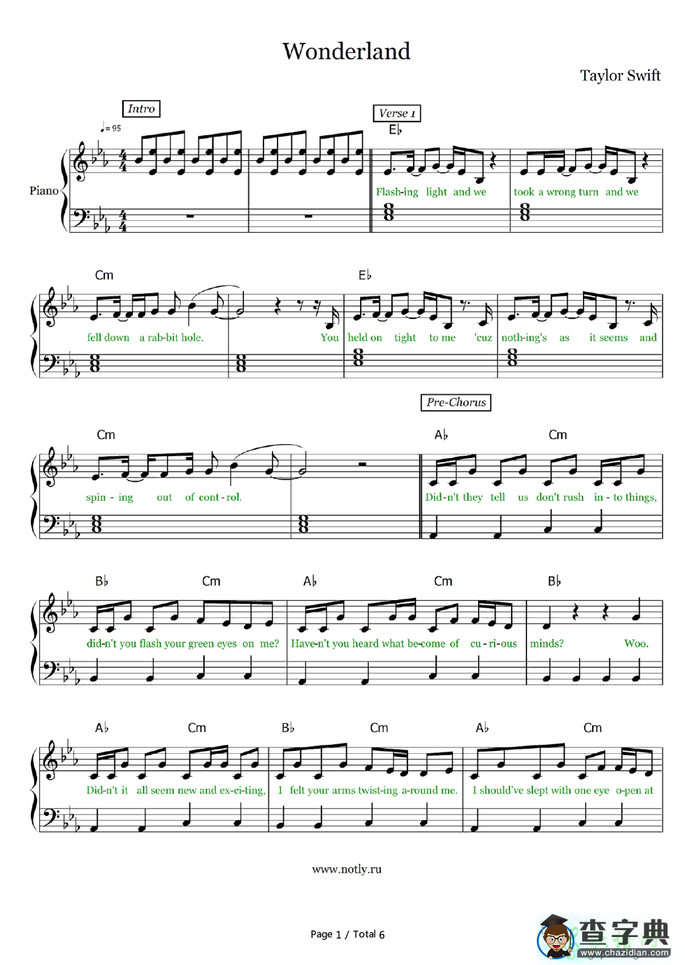 【Wonderland钢琴谱】Taylor Swift