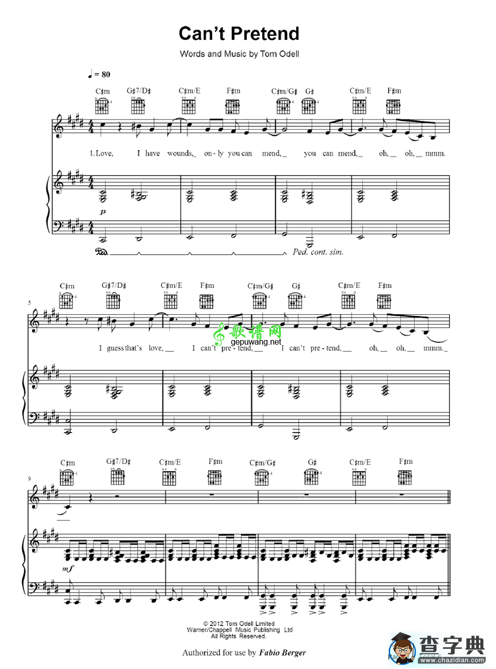 Cant Pretend钢琴谱_Tom Odell