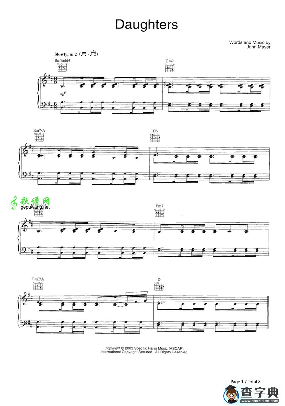 Daughters钢琴谱_John Mayer