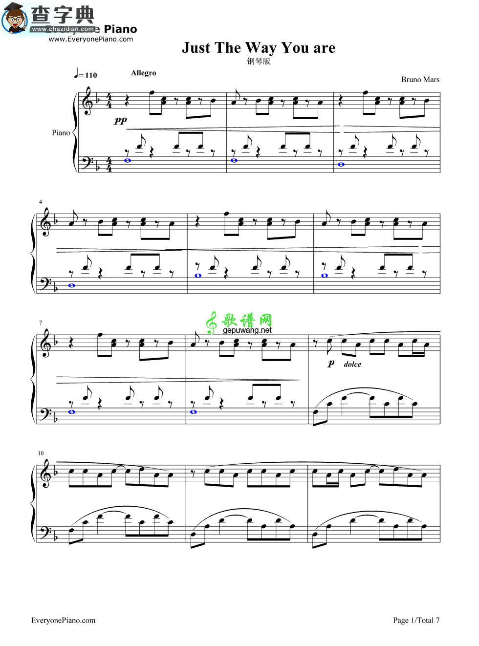 Just The Way You Are钢琴谱_Bruno Mars