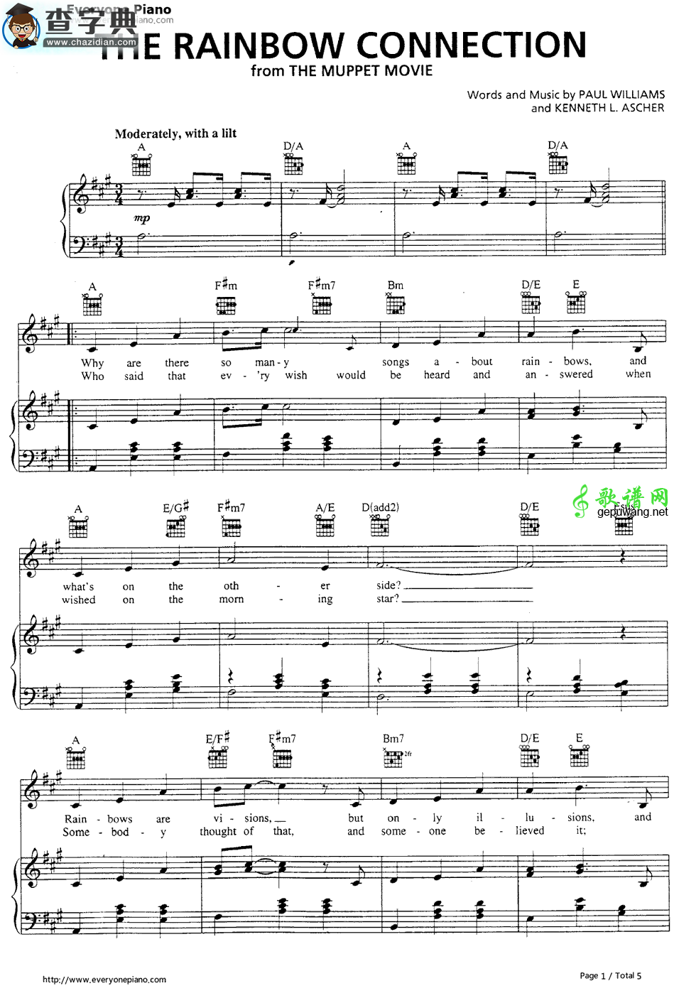 【Rainbow Connection钢琴谱】五线谱