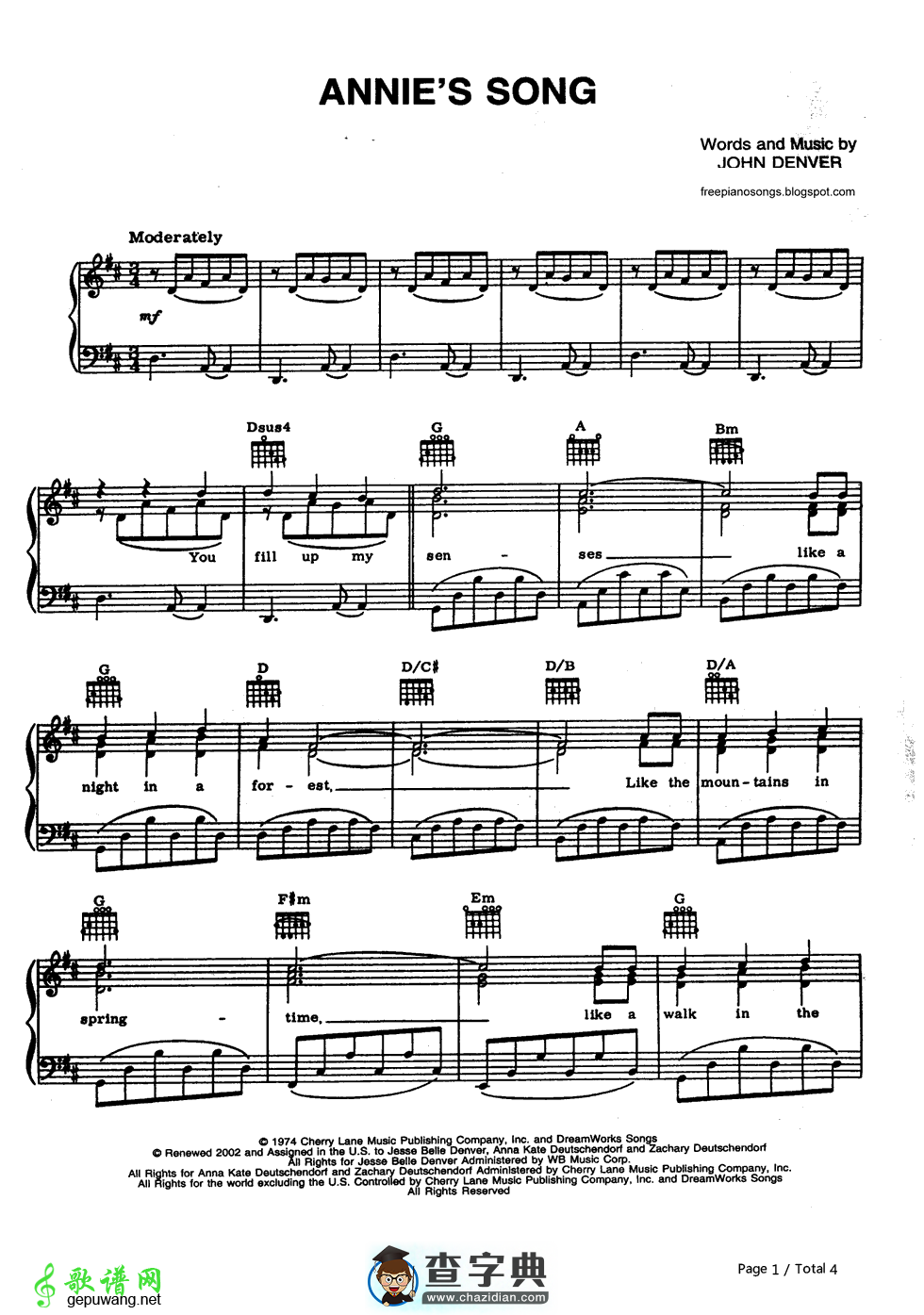 Annies Song钢琴谱_John Denver