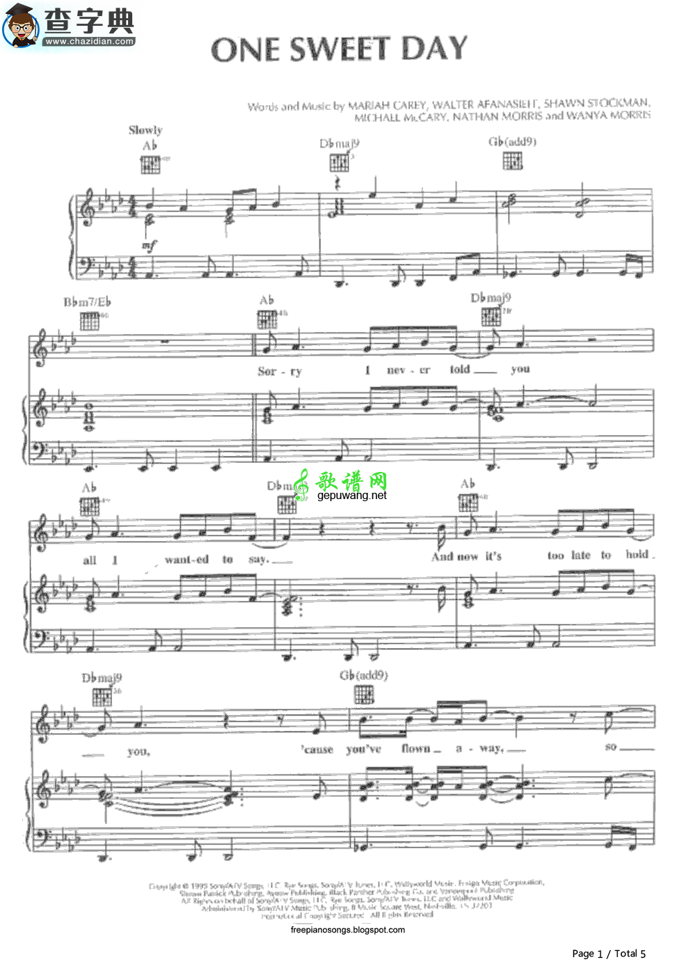 【One Sweet Day钢琴谱】Mariah Carey