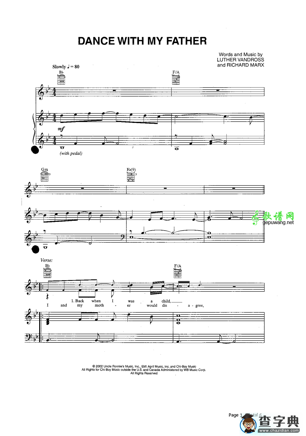 【Dance with My Father钢琴谱】五线谱 Luther Vandross