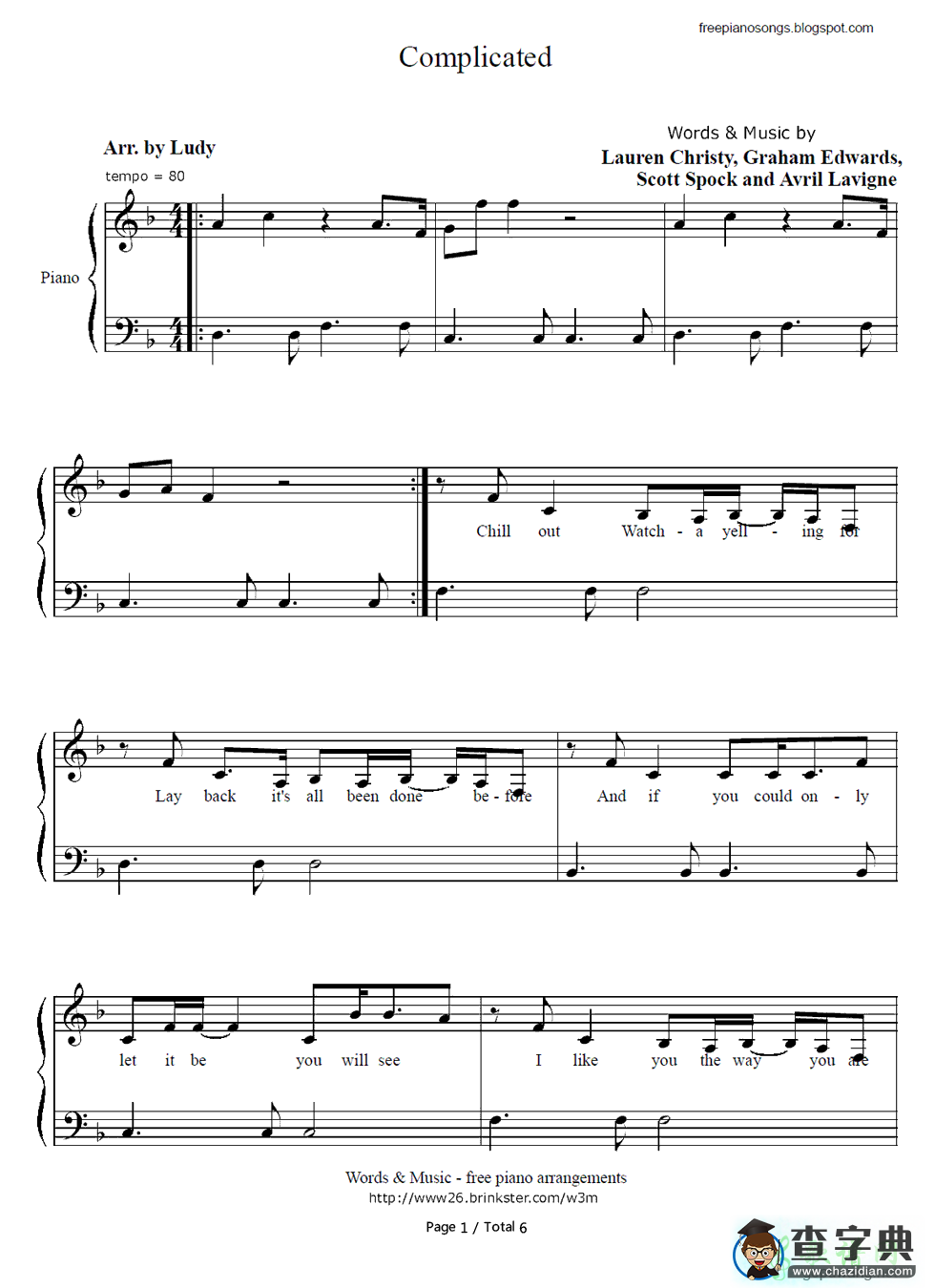 【Complicated钢琴谱】Avril Lavigne